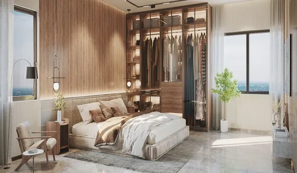 Master bedroom render of a Prestige Park Ridge apartment