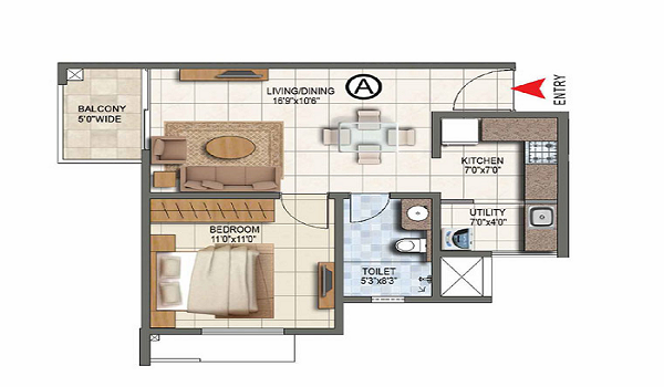 1 BHK, 550 sq.ft. floor plan at Prestige Park Ridge