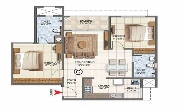 2 BHK, 800–1,000 sq.ft. floor plan at Prestige Park Ridge