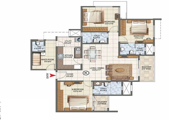 3 BHK, 1,400–1,800 sq.ft. floor plan at Prestige Park Ridge